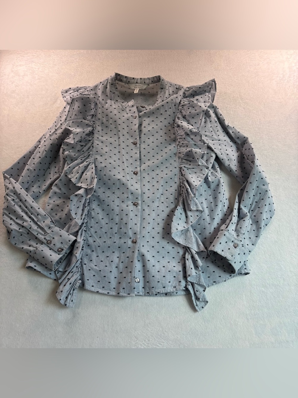 Ruffle-Trim Light Blue Dot Button-Front Blouse